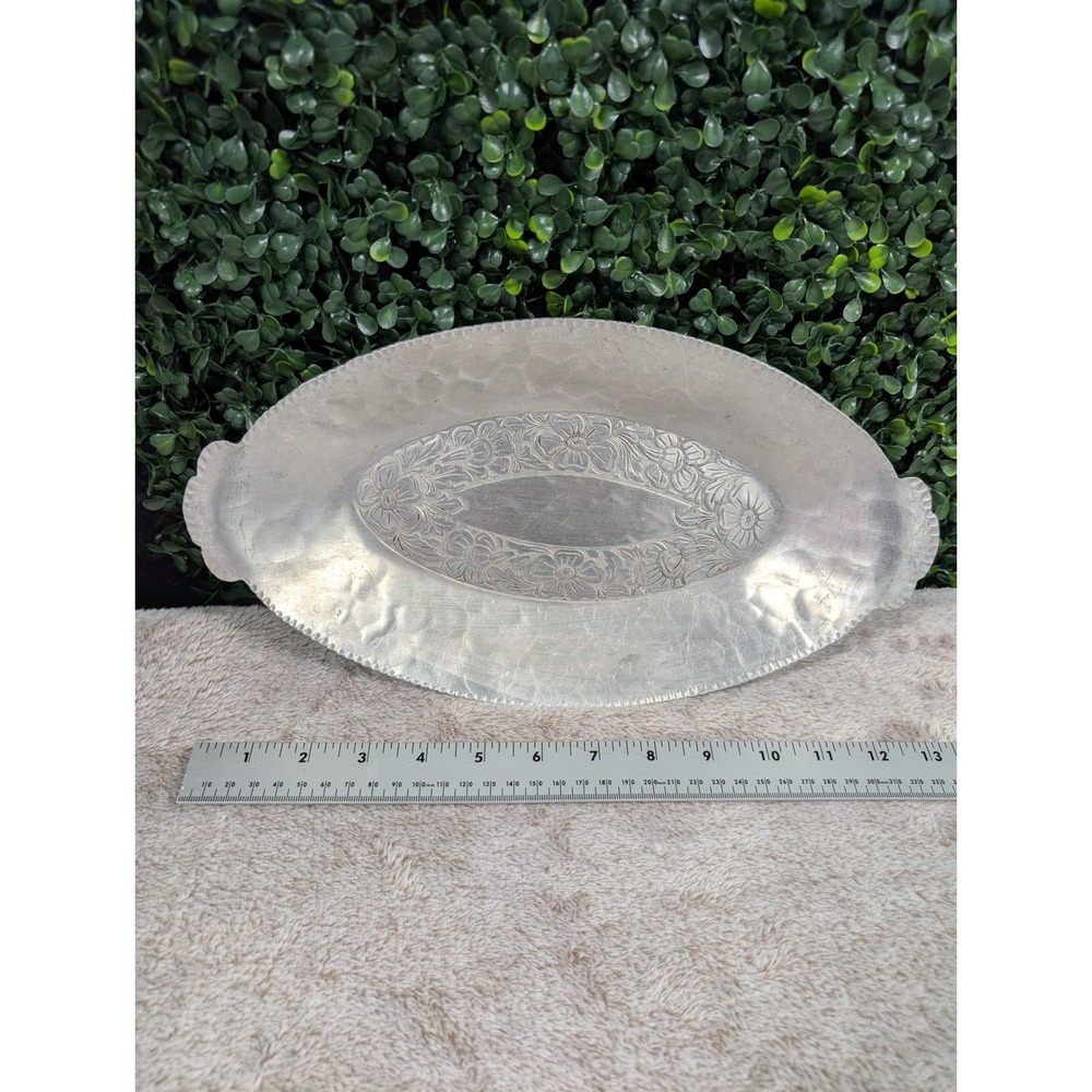 Vintage EMPC Forged Aluminum Intaglio Floral Oval Serving Tray Platter